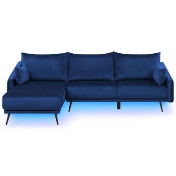 Sofá Esquinero De Terciopelo Azul Con Led En Forma De L De 3 Plazas Con Chaise Longue Patas De Metal Versión Derecha Varde - Azul