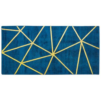 Alfombra Azul Con Estampado Geométrico Dorado De Viscosa Con Algodón 80 X 150 Cm Tejida A Mano Estilo Moderno Glam Havza - Azul