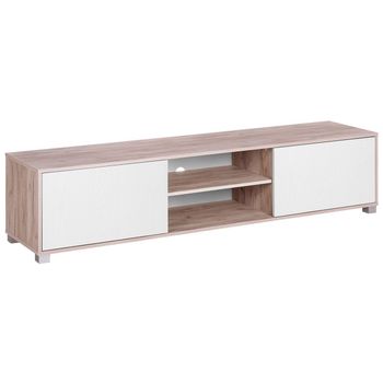 Soporte Para Tv Madera Clara Blanco Para Televisor De Hasta 81ʺ Administración De Cables 2 Estantes 2 Gabinetes Minimalista Lincoln - Madera Clara