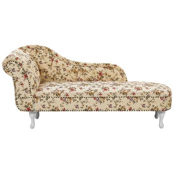 Chaise Longue Tapizado En Poliéster Beige Con Motivo Floral Acolchado Izquierdo Con Tachuelas Decorativas Patas Blancas Nimes - Multicolor