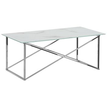 Mesa De Centro Rectangular Tablero De Vidrio Templado Con Efecto Mármol Blanco Patas Plateadas Base De Acero Inoxidable 100 X 50 Cm Glam Emporia - Blanco