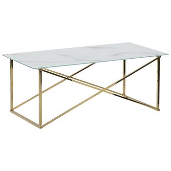 Mesa De Centro Rectangular Tablero De Vidrio Templado Con Efecto Mármol Blanco Patas Doradas Base De Acero Inoxidable 100 X 50 Cm Glam Emporia - Blanco