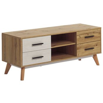 Mueble Tv Madera Clara Con Blanco Para Televisor De Hasta 55ʺ Con 4 Cajones Y 2 Estantes Estilo Rústico Florida - Madera Clara