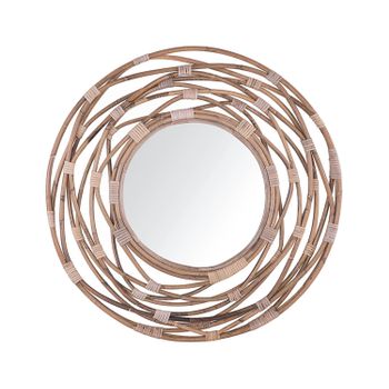 Espejo De Pared Decorativo Ratán Beige Arena Redondo Ø 75 Cm Pasillo Boho Moderno Burgis - Marrón