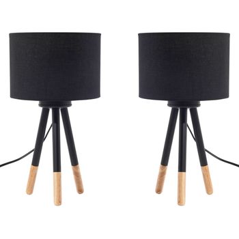 Conjunto De 2 Lámparas De Mesa Con Soporte De Madera Trípode Y Pantalla De Tela Negra Tobol - Negro