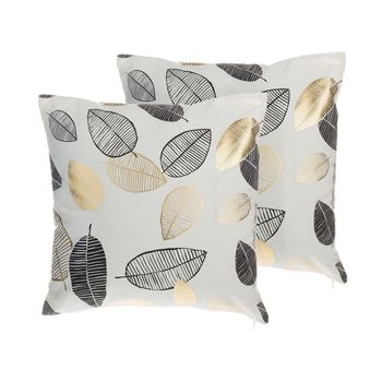 Conjunto De 2 Cojines Decorativos Con Patrón De Hoja De Algodón Negro Y Dorado 45 X 45 Cm Estilo Glamour Decoración Moderna Lotus - Blanco