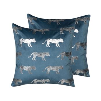 Conjunto De Cojines Decorativos De Terciopelo Azul Estampado Animal Lámina 45 X 45 Cm Motivo De Tigre Decoración Glamour Bluebell - Azul