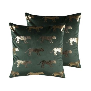 Conjunto De Cojines Decorativos De Terciopelo Verde Estampado Animal Lámina 45 X 45 Cm Motivo De Tigre Decoración Glamour Bluebell - Verde