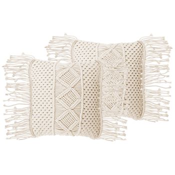 Conjunto De Cojines Decorativos De Algodón Macramé Beige 40 X 45 Cm Con Borlas Cuerda Decoración Boho Retro Yortan - Beige