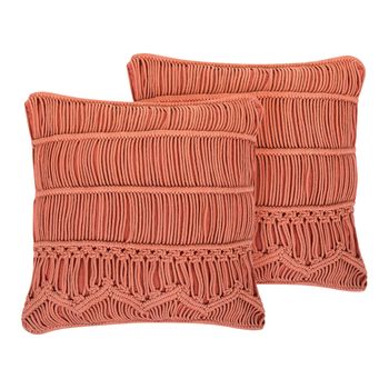 Conjunto De Cojines Decorativos De Algodón Naranja Macramé 45 X 45 Cm Cuerda Boho Retro Akkoy - Naranja