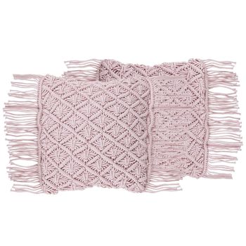 Conjunto De Cojines Decorativos De Algodón Rosa Macramé 40 X 40 Cm Cuerda Boho Retro Yaniklar - Rosa