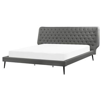 Cama Tapizada En Piel Sintética Gris 160 X 200 Cm Diseño Moderno Cabecero Acolchado Essonne - Gris