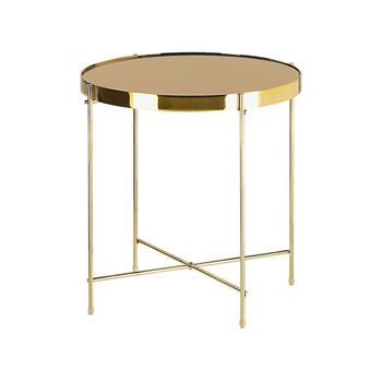 Mesa Auxiliar Con Tapa De Vidrio Templado Marrón Dorado Y Patas De Metal Dorado Redonda Estilo Glamour Lucea - Dorado