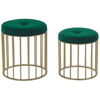 Conjunto De 2 Pufs Decorativos Tapizados En Terciopelo Verde Oscuro Con Base De Hierro Dorado Diseño Moderno Lubbock - Verde