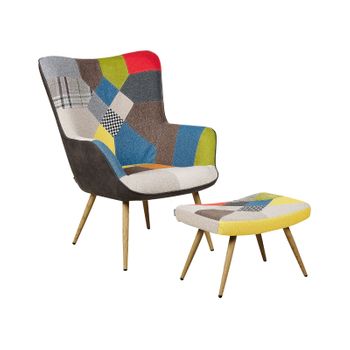 Sillón Orejero Tapizado En Tela Multicolor Con Patrón Patchwork Abotonado Con Reposapiés Estilo Retro Vejle Ii - Multicolor