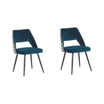 Conjunto De 2 Sillas De Comedor Con Asiento De Terciopelo Azul Patas De Metal Negro Patrón Floral Ansley - Azul