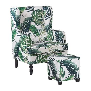 Sillón Con Reposapiés Tapizado En Tela Con Estampado De Hojas Verde Con Patas De Madera Butaca Silla Orejera Sandset - Blanco