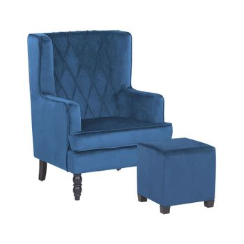 Sillón Con Reposapiés Tapizado En Tela De Terciopelo Azul Con Patas De Madera Butaca Silla Orejera Sandset - Azul