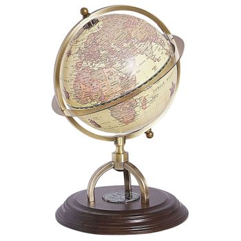 Globo Terráqueo De Mesa Antiguo En Beige Con Base Marrón Oscuro Y Brújula 25 Cm Pizarro - Beige