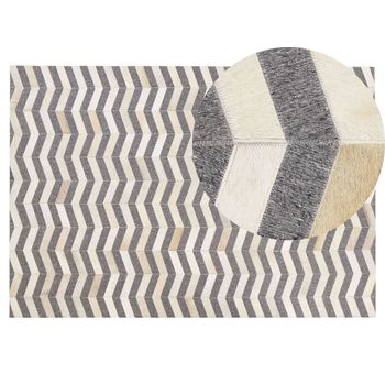 Alfombra De Piel De Vacuno Gris Y Beige Patrón Geométrico Chevron Retro 140 X 200 Cm Baggoze - Gris