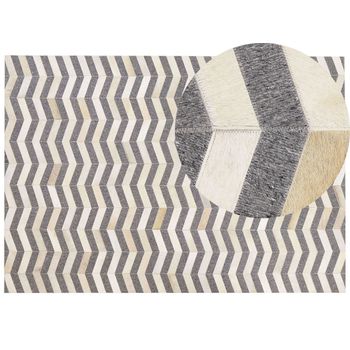 Alfombra De Piel De Vacuno Gris Y Beige Patrón Geométrico Chevron Retro 160 X 230 Cm Baggoze - Gris