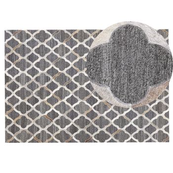 Alfombra De Piel De Vacuno Jacquard Gris Y Beige Patrón Geométrico Cuadriculado Retro 140 X 200 Cm Rolunay - Gris