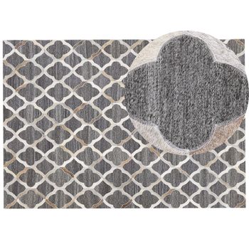 Alfombra De Piel De Vacuno Jacquard Gris Y Beige Patrón Geométrico Cuadriculado Retro 160 X 230 Cm Rolunay - Gris