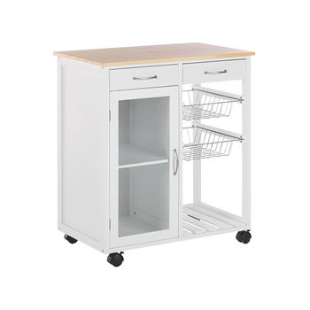 Carrito De Cocina De Madera De Pino Blanco Ruedas 2 Estantes 1 Armario 2 Cajones Moderno Sala De Estar Boves - Blanco