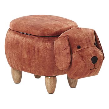 Puf Animal Para Niños Tapizado En Terciopelo Marrón Con Almacenamiento Patas De Madera Asiento Doggy - Madera Clara