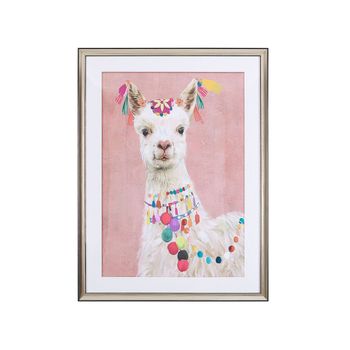 Cuadro Enmarcado Lámina Marco De Latón Motivo De Llama Rosa 60 X 80 Cm Habitación Infantil Boho Balala - Rosa