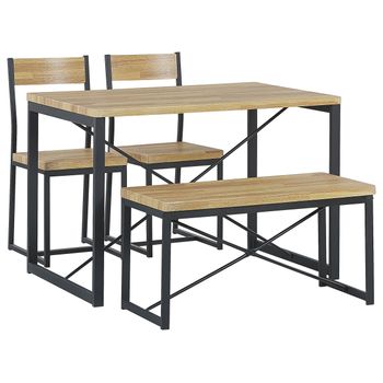 Conjunto De Comedor De Madera Clara Con Estructura De Acero Negro Mesa Rectangular 110 X 70 Cm 2 Sillas Y Banco 4 Plazas Flixton - Madera Clara