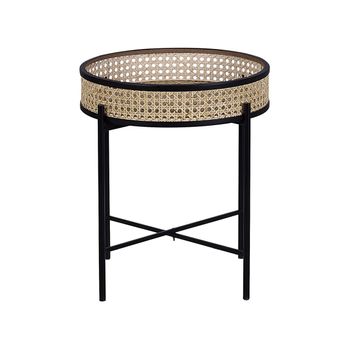 Mesa Auxiliar Patas Plegables De Metal Negro Tablero Desmontable De Ratán Ligero Boho Redondo Vienna - Natural