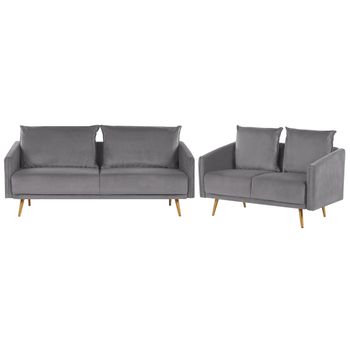 Conjunto De Sofás Tapizados En Terciopelo Gris 5 Plazas Respaldo Acolchado Asiento Metal Patas Doradas Retro Glam Maura - Gris