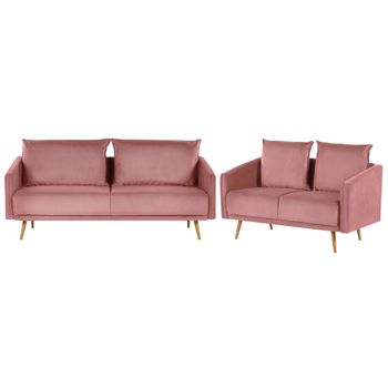 Conjunto De Sofás Tapizados En Terciopelo Rosa 5 Plazas Respaldo Acolchado Asiento Metal Patas Doradas Retro Glam Maura - Rosa