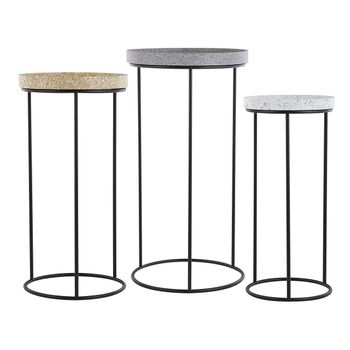 Juego De 3 Mesas Auxiliares Estructura De Metal Negro Base Calada Efecto Mármol Tapa Gris Beige Blanca Texon - Negro