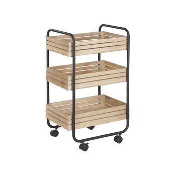 Carrito De Cocina Madera Clara De Paulownia Con Hierro Negro Ruedas Giratorias De 3 Niveles Estantes Paletas Baño Comedor Formia - Madera Clara