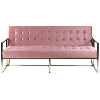 Sofá Cama Tapicería Capitoné De Terciopelo Rosa 3 Plazas Marco De Metal Dorado Con Apoyabrazos Estilo Retro Marstal - Rosa