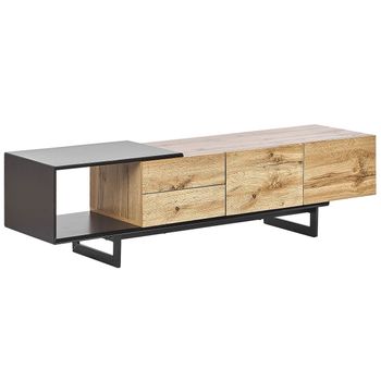 Mueble Tv Madera Clara Negro 160 X 39 Cm Mdf Cajonera Sala De Estar Fiora - Madera Clara