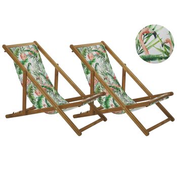 Conjunto De 2 Tumbonas De Jardín De Madera De Acacia Clara Verde Blanco Rosa Flamenco Reclinable Plegable Anzio - Madera Clara