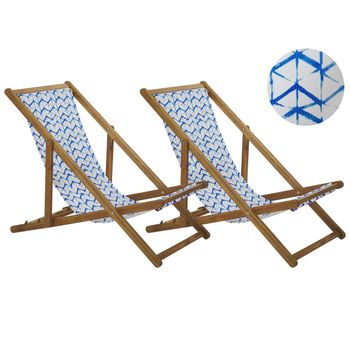 Conjunto De 2 Tumbonas De Jardín De Madera De Acacia Clara Blanco Azul Reclinable Plegable Anzio - Azul