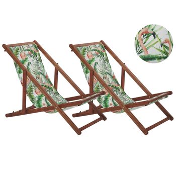 Conjunto De 2 Tumbonas De Jardín De Madera De Acacia Oscura Verde Blanco Rosa Flamenco Reclinable Plegable Anzio - Madera Oscura