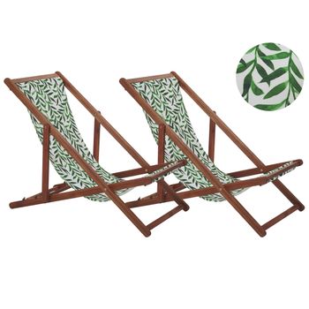 Conjunto De 2 Tumbonas De Jardín De Madera De Acacia Oscura Blanco Verde Hojas Reclinable Plegable Anzio - Verde