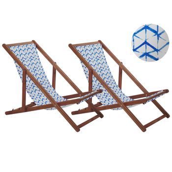 Conjunto De 2 Tumbonas De Jardín De Madera De Acacia Oscura Blanco Azul Reclinable Plegable - Azul