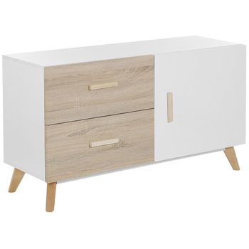 Aparador Blanco Y Madera Clara Mdf 2 Cajones Estantes Patas De Madera Almacenamiento Sala De Estar Fili - Madera Clara