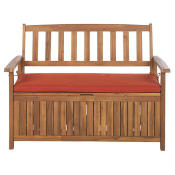 Banco De Jardín Con Almacenaje De Madera Maciza De Acacia 2 Plazas 120 Cm Color Claro Cojín Rojo Sovana - Madera Clara