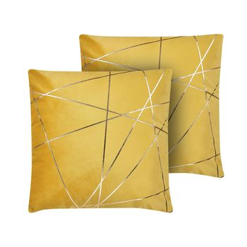 Conjunto De 2 Cojines Decorativos Terciopelo Amarillo Patrón Geométrico Dorado 45 X 45 Cm Glamour Pinus - Amarillo