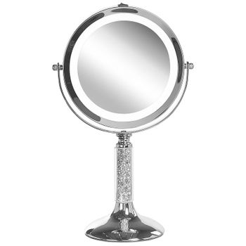 Espejo De Maquillaje Iluminación Led Metal Plateado Ø 13 Cm Doble Cara Magnifica 1x / 5x Baixas - Plateado