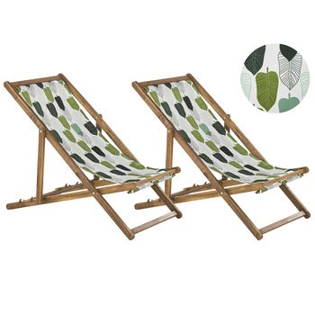 Conjunto De 2 Tumbonas De Jardín Madera Clara Verde Blanco Floral Reclinable Plegable Anzio - Verde