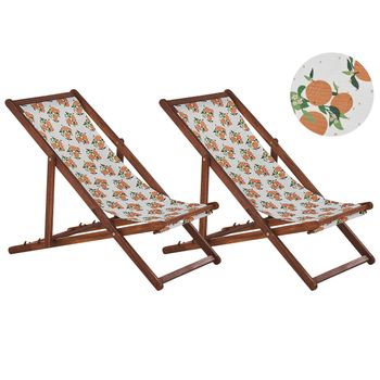 Conjunto De 2 Tumbonas De Jardín De Madera De Acacia Oscura Blanco/naranja/verde Naranjas Reclinable Plegable Anzio - Verde