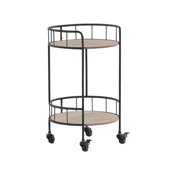 Carrito De Cocina De Metal Negro Madera Clara 64 Cm Forma Redonda Ruedas Estantes Balda Industrial Rústico Moderno Hiko - Negro